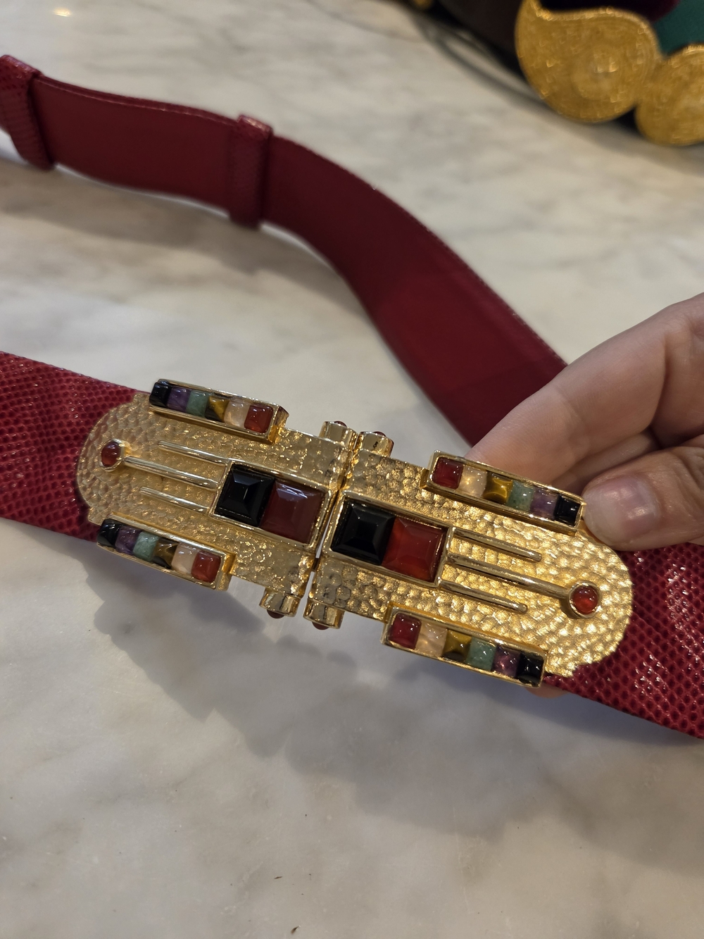 Judith Leiber Vintage Red Belt with Gold Multi-Gemstone Buckle Adjustable